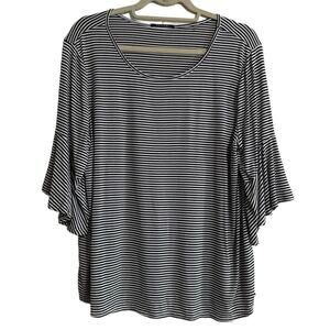 TAHARI Womens XL Black White Stripes Bell Sleeve Top Round Neck Casual